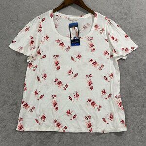 NEW Lucky Brand Womens L Floral Print T-Shirt White & Red Cotton/Modal